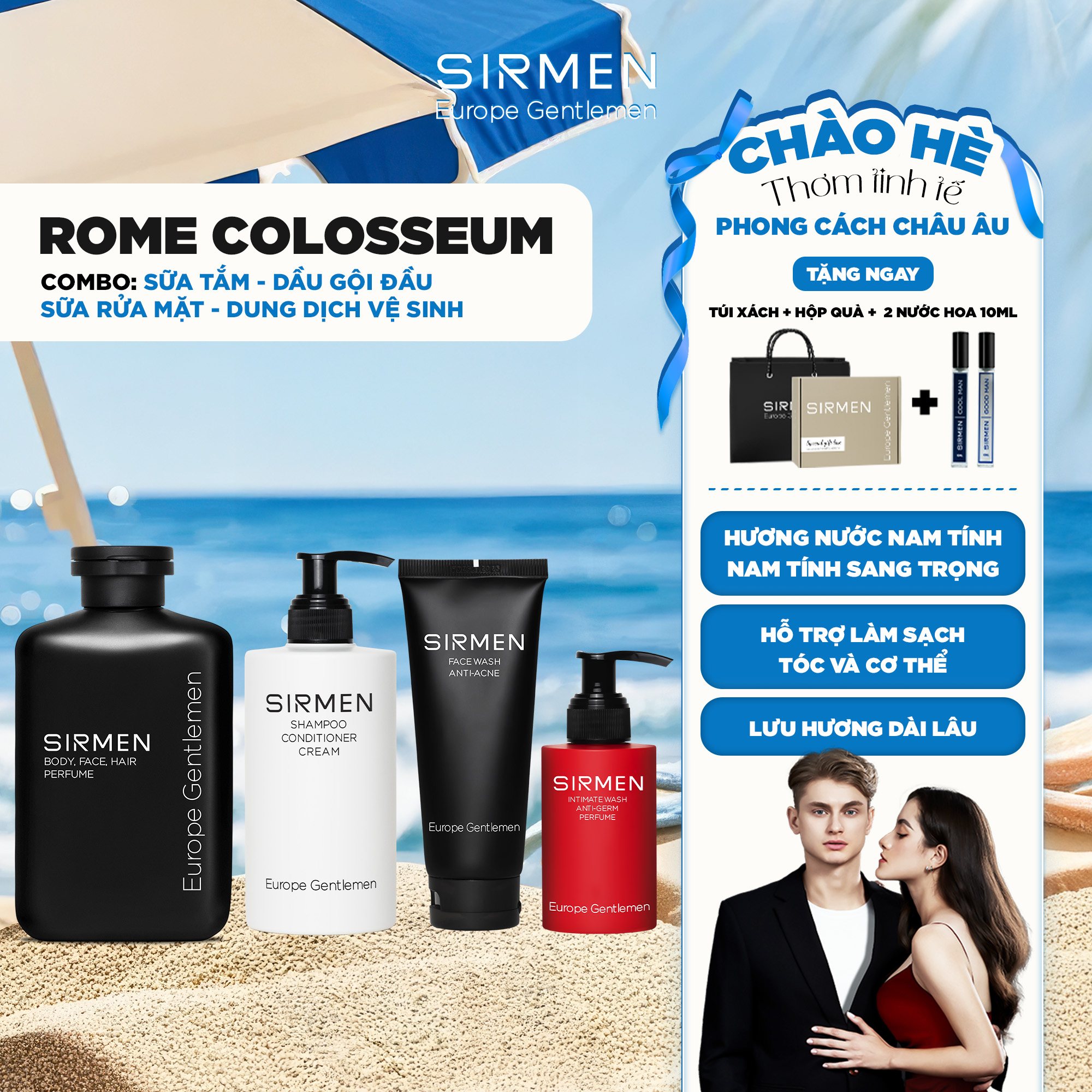 Giftbox combo 4 - Rome Colosseum Sữa tắm gội nam 4 in 1 - Dầu gội xả dưỡng nam 3 in 1 - Sửa rửa mặt nam 2 in 1 và Dung dịch vệ sinh nam 3 in 1 SIRMEN Europe Gentlemen chiết xuất cao cấp công nghệ tiên tiến