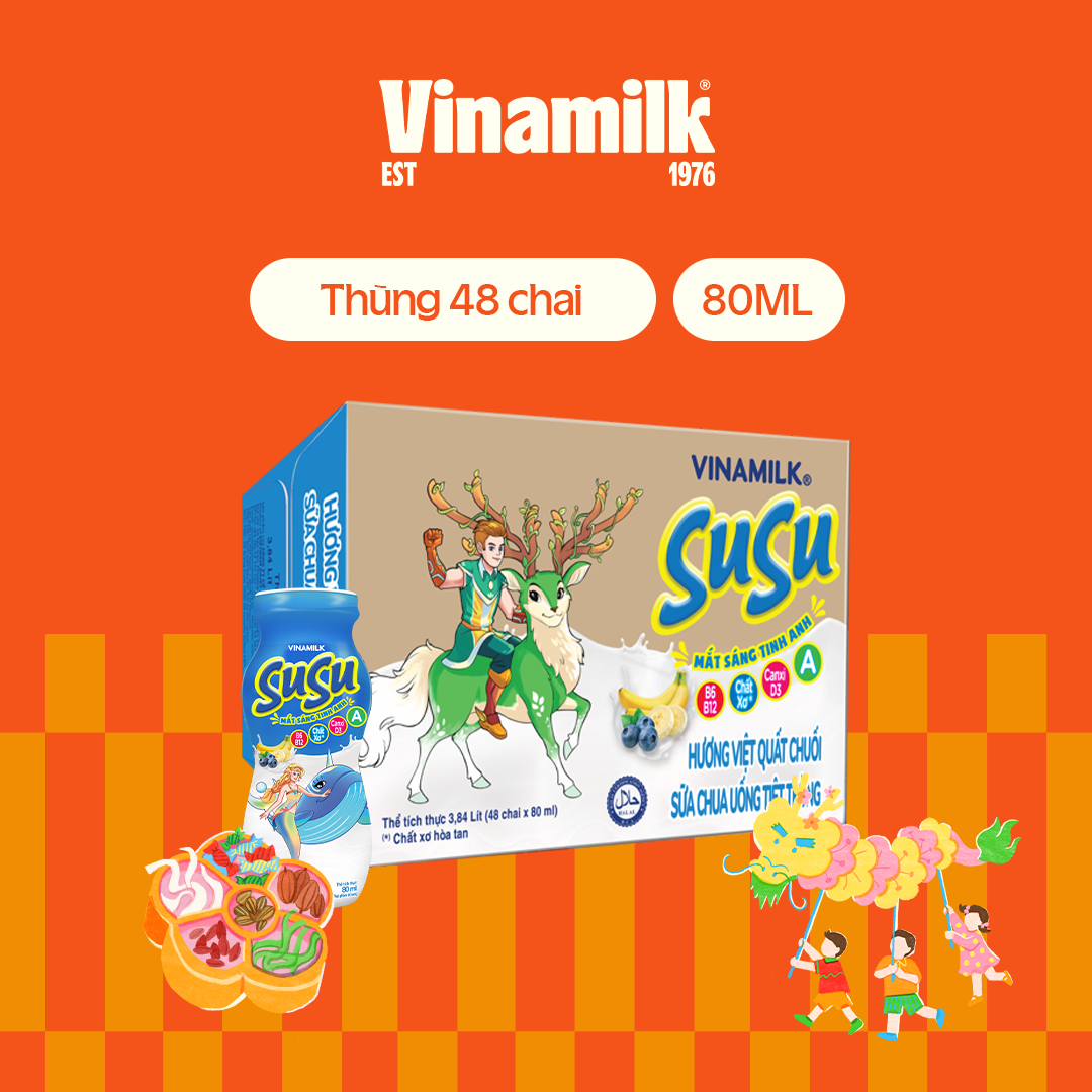 Sữa Chua Uống Tiệt Trùng Vinamilk SuSu hương Việt Quất Chuối - Thùng 48 chai 80ml