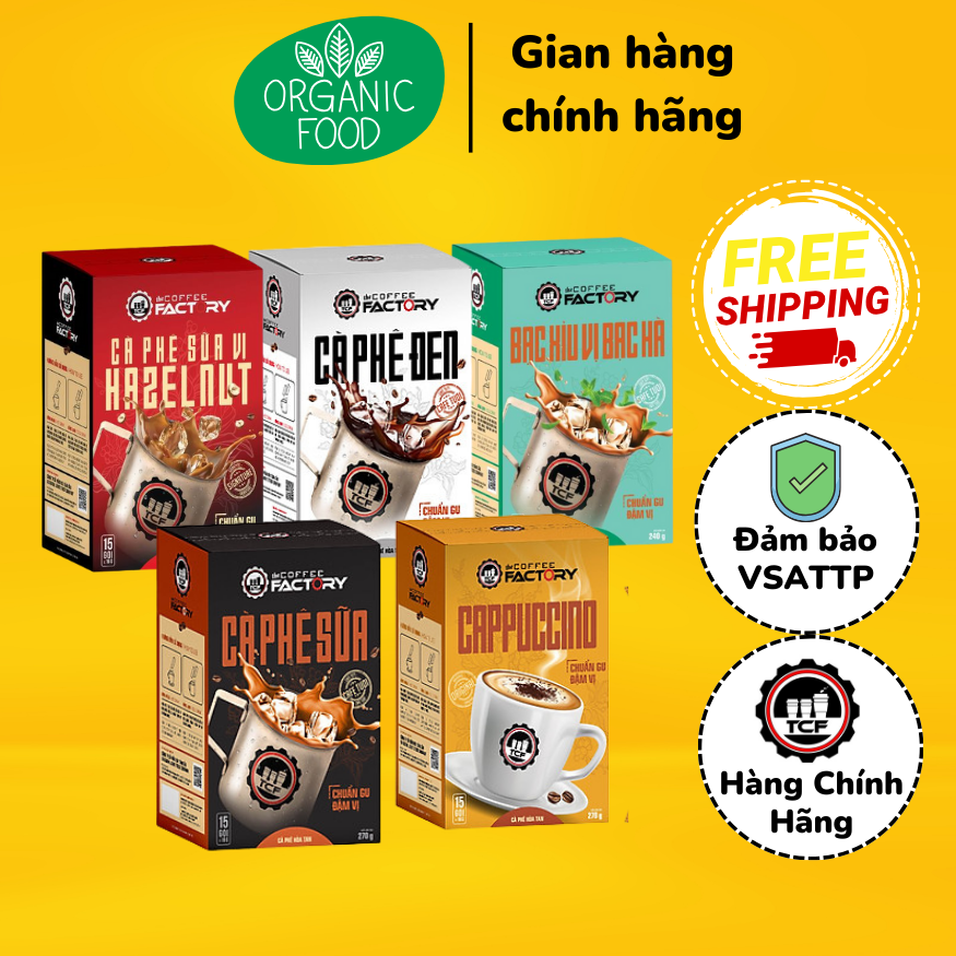 Cà phê đen, cà phê sữa vị Hazelnut, Bạc xỉu vị Bạc Hà, cappuccino hòa tan The Coffee Factory Hộp 15 gói x 16g