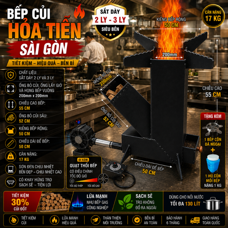 🔥 BẾP CỦI HỎA TIỄN SÀI GÒN 200MM CÓ QUẠT THỔI TĂNG ÁP – SIÊU KHỎE, TIẾT KIỆM ĐẾN 30% CỦI, DÙNG NỒI ĐẾN 130 LÍT
