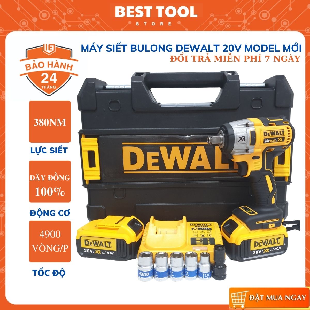 Máy siết bulong Dewalt 20V - Siết bulong dewalt 2 pin khủng có đèn báo pin tặng kèm bộ phụ kiện như hình
