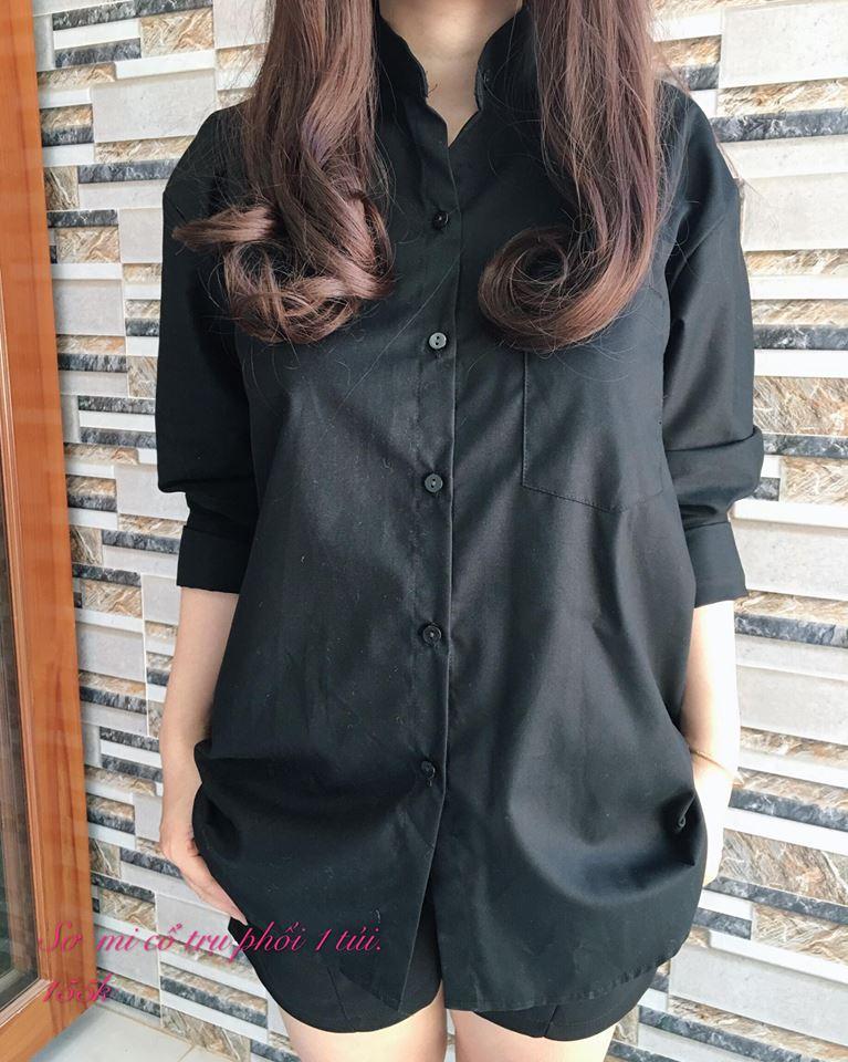 Sơ mi tay dài cổ trụ đen