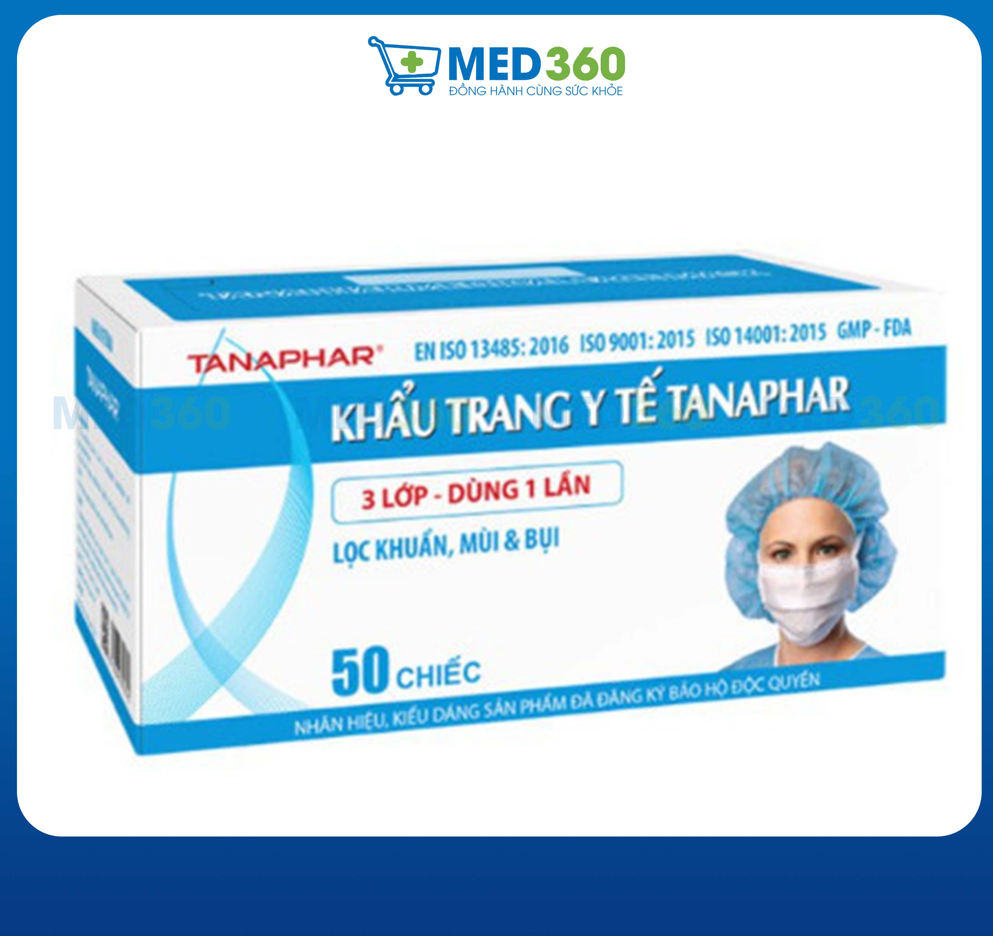 Hộp khẩu trang y tế Tanaphar 3 lớp, 50 chiếc, màu xanh - TBYT Med360