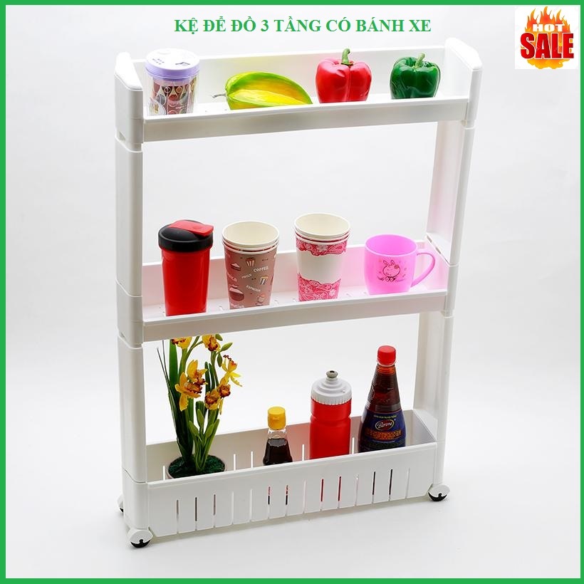 Kệ để đồ 3 tầng có bánh xe, kệ để đồ đa năng tiết kiệm không gian