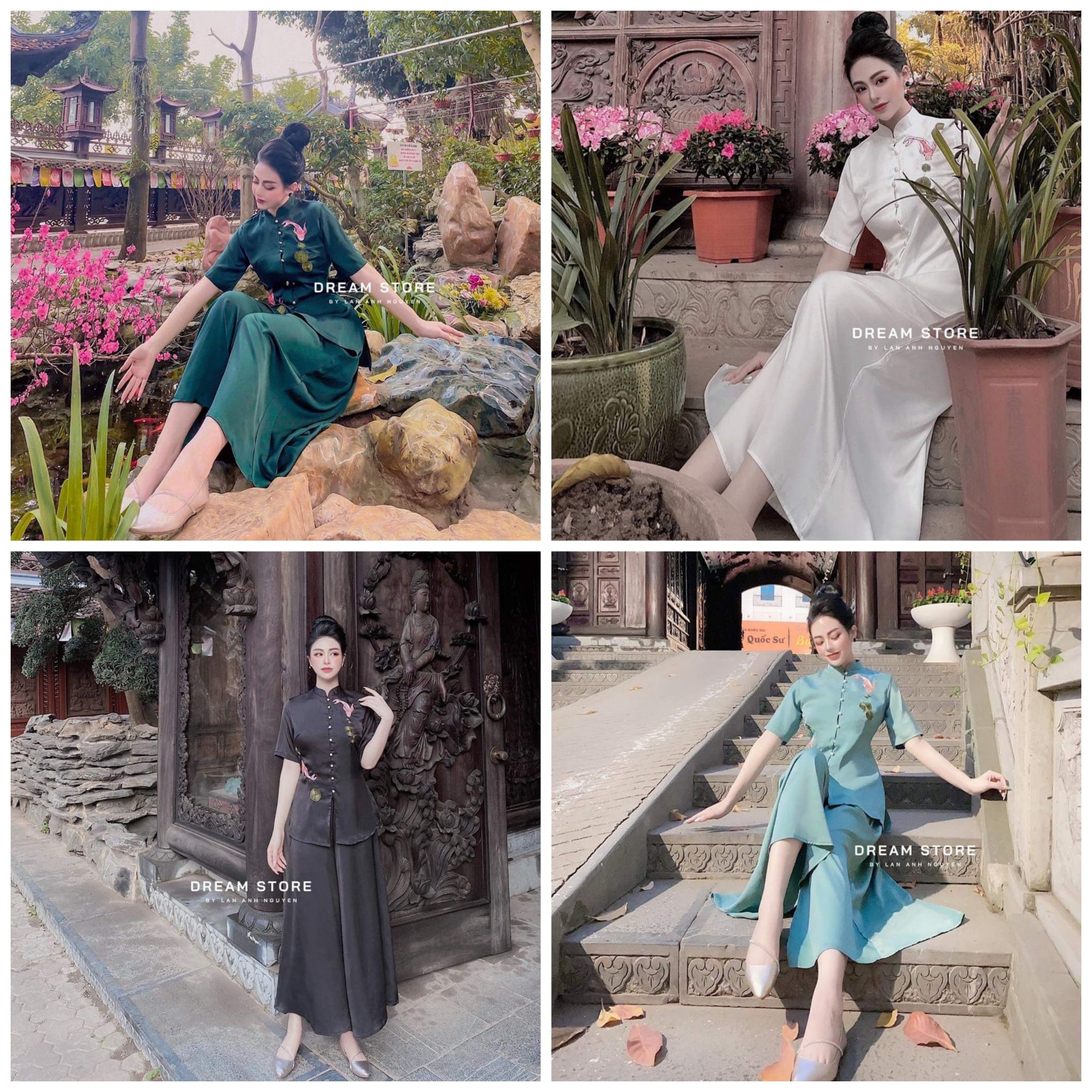 Đồ lam đi chùa thêu cá ngọc chất lụa mềm mịn