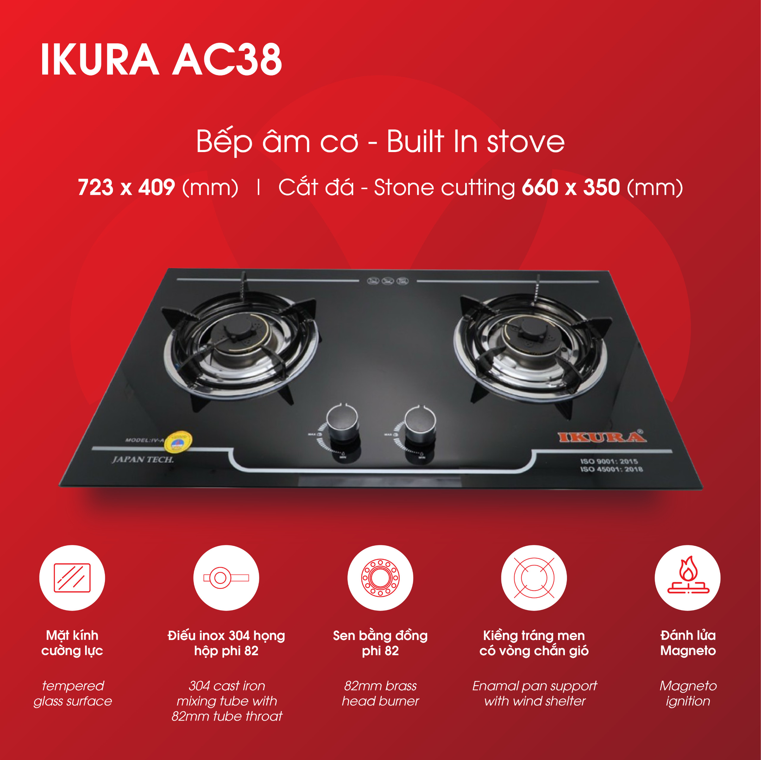 Bếp gas âm cơ ikura iv-ac38 sen bằng đồng tiết kiệm gas phi 82 -tiết kiệm gas