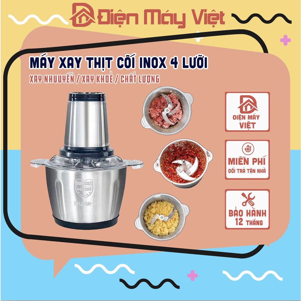 Máy xay sinh tố cao cấp cối Inox 4 lưỡi siêu khoẻ, Máy xay thịt cối inox 4 lưỡi xay đc cả đá