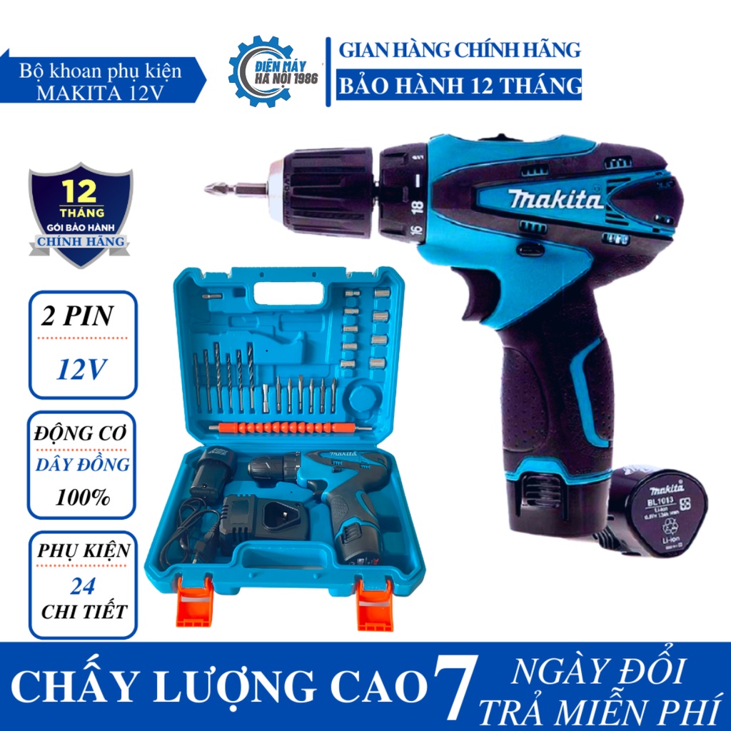 Máy khoan Makita 12V tặng kèm bộ phụ kiện đầy đủ - Máy bắn vít Makita 2 pin 12V