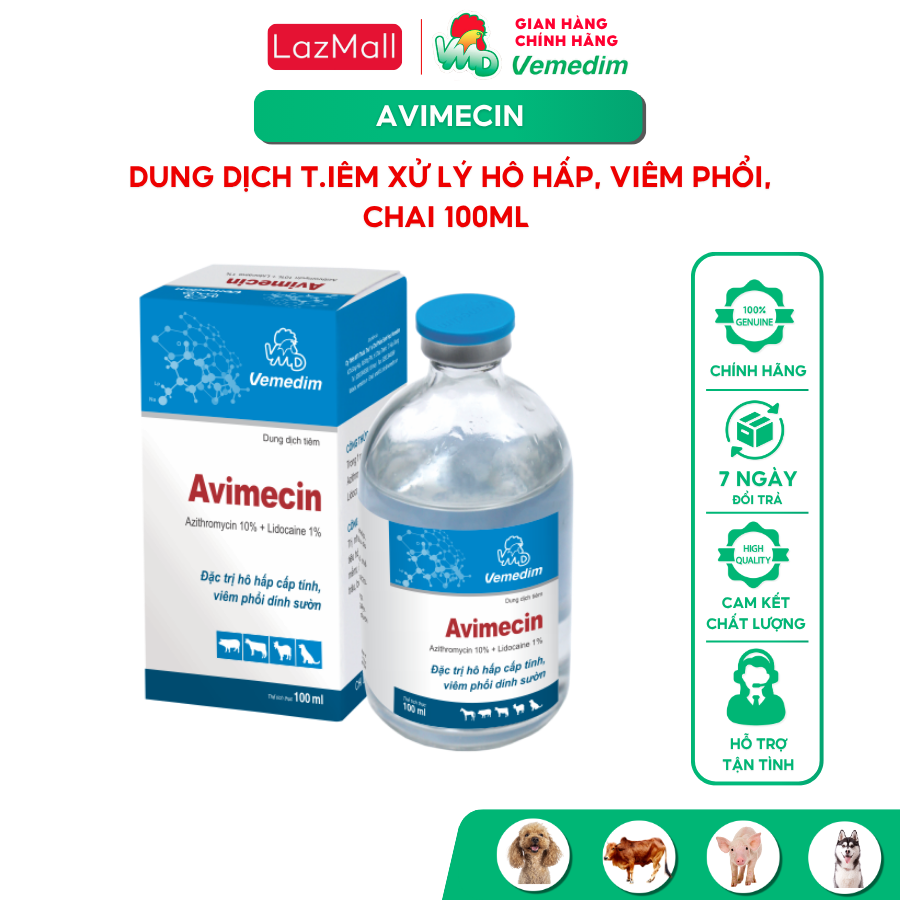 Vemedim Avimecin dung dịch tiêm tr-ị hô hấp cho chó, mèo và gia súc, chai 100ml