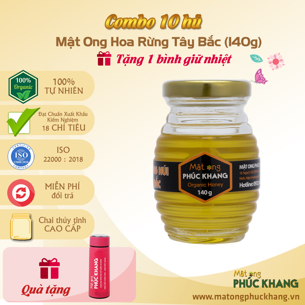 Mật ong rừng tây bắc Phúc Khang 140G - Combo 10 Hũ thủy tinh cao cấp - - ISO 22000  - Không kháng sinh - không nhiễm kim loại nặng - an toàn với người già và trẻ nhỏ - Món quà ý nghĩa tặng bạn bè , người thân
