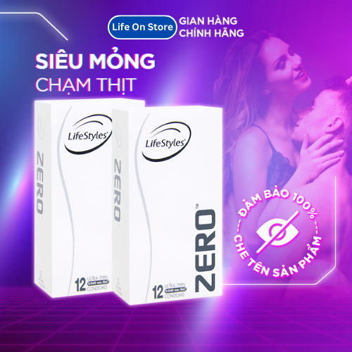 Bộ 2 bao cao su siêu mỏng vô hình truyền nhiệt nhanh lifestyles zero 100% không rách bao - hộp 12 bao