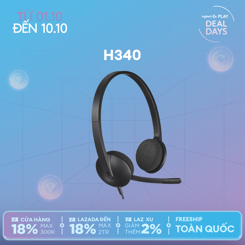 Tai nghe có dây Logitech H340 - Mic giảm ồn, điều khiển trên dây, âm thanh kỹ thuật số, đệm tai thoải mái, kết nối USB-A