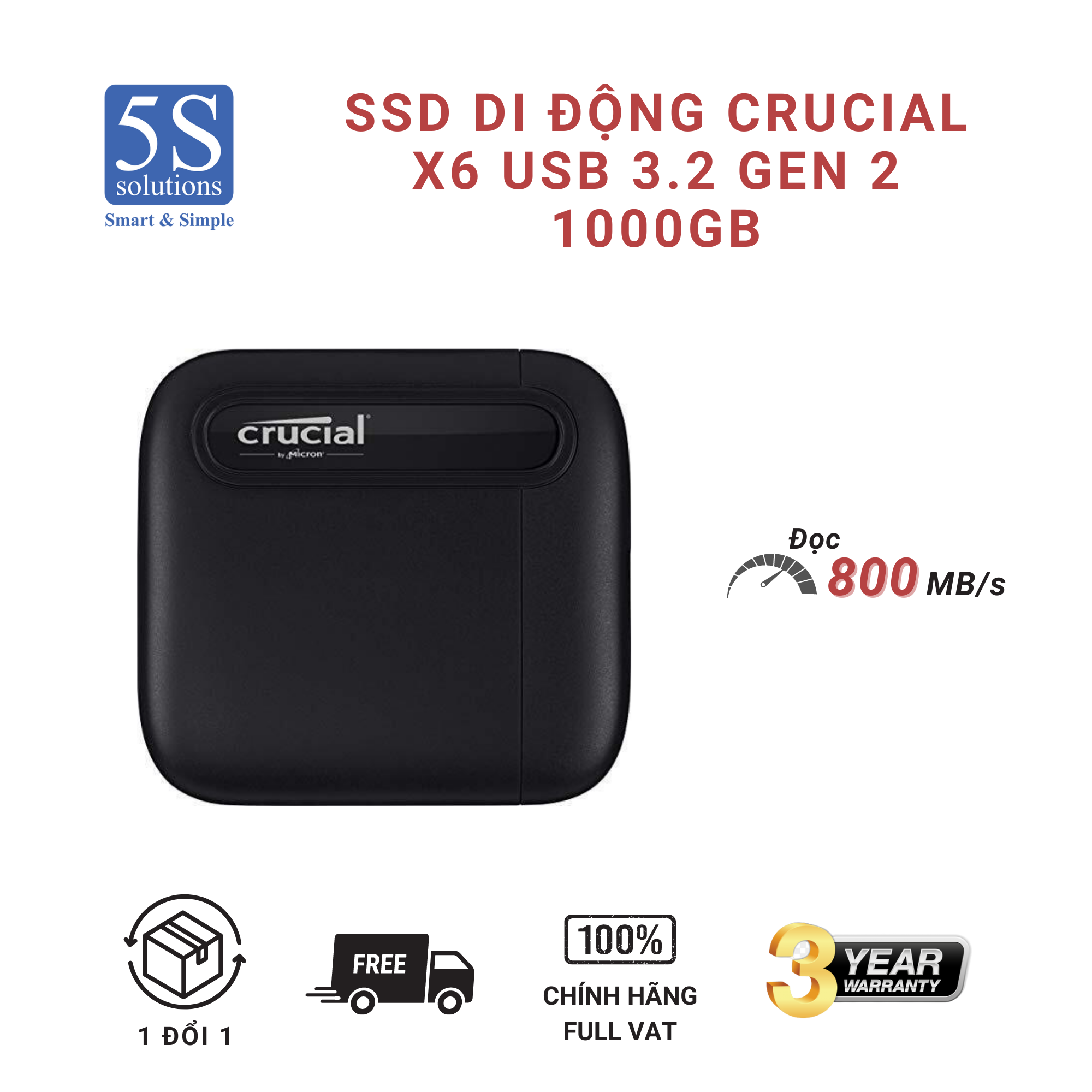 Ổ cứng di động 1000GB External SSD Crucial X6 USB 3.2 Gen 2 Type