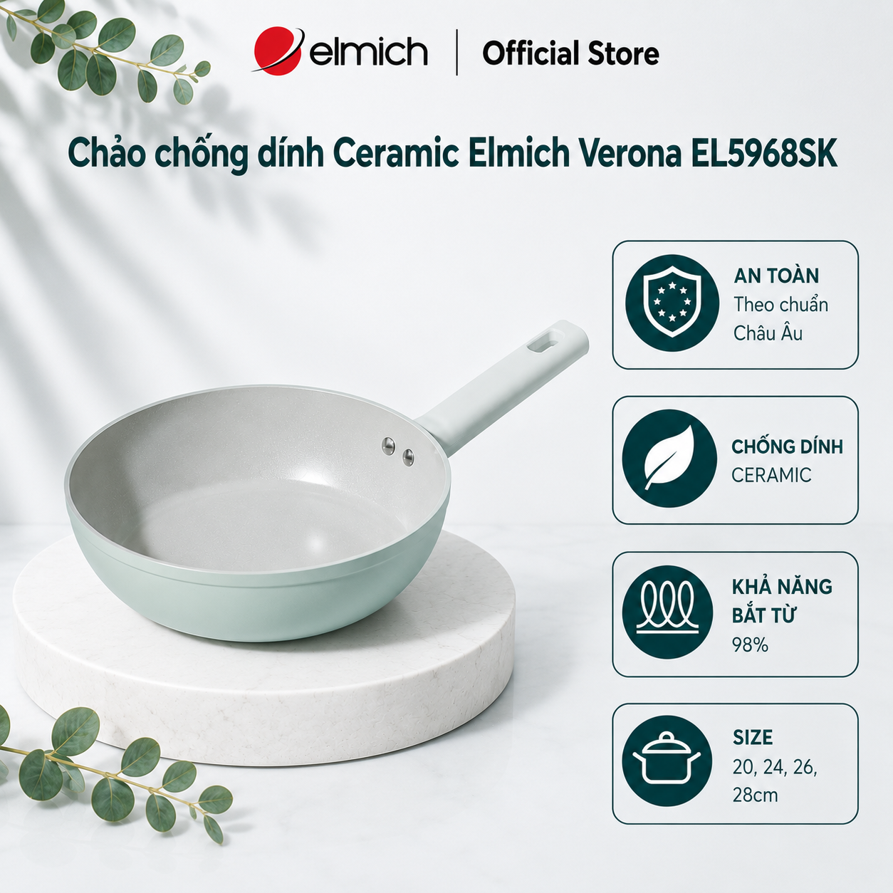 (Chỉ 25-29.07)Chảo phủ sứ an toàn Elmich Verona EL-5968SK