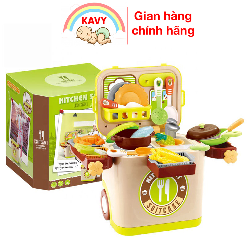 Bộ đồ chơi nhà bếp nấu ăn có vali đựng, kéo tiện lợi có âm thanh và ánh sáng nâng cao hiểu biết và giao tiếp của bé-KAVY