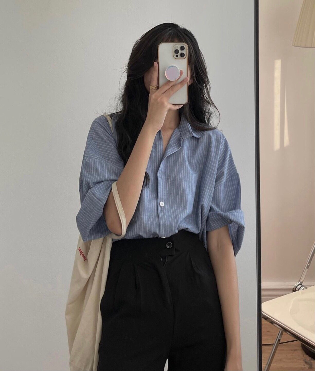 Áo sơ mi kẻ sọc tay lỡ form rộng ulzzang - Áo sơ mi kẻ sọc tay lỡ túi ngực