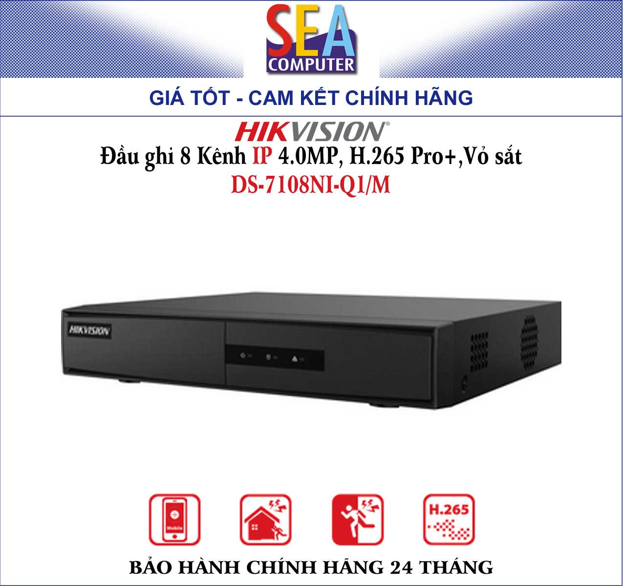 Đầu ghi HIKVISION 8 Kênh IP 4.0MP, H.265 Pro+,Vỏ sắt - DS-7108NI-Q1/M