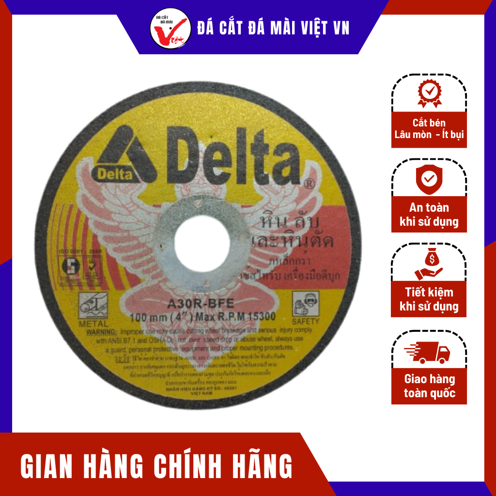 (1 Viên) Đá Cắt Kim Loại Delta 100x2x16mm Thiết Kế Lưỡi Đá Sắc Nét và Chống Mài Mòn | Đá Cắt Đá Mài Việt VN