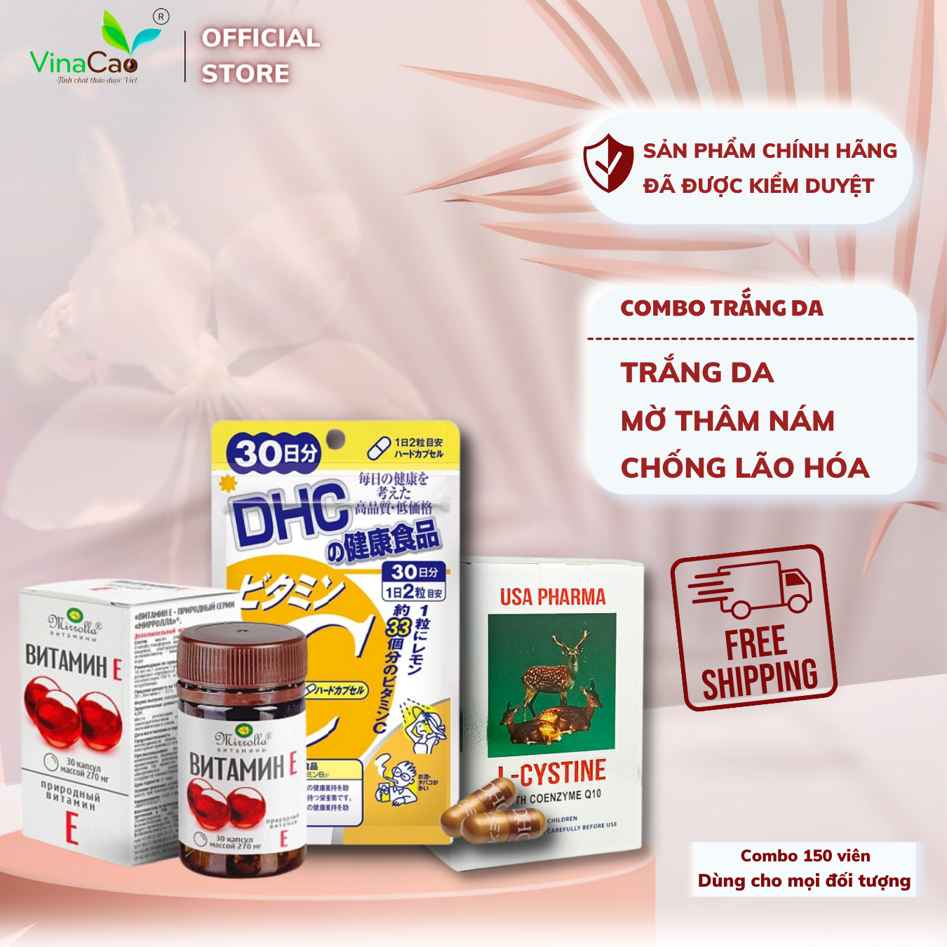 Combo viên làm trắng đẹp da, mọc tóc, khỏe móng L-cystine 500mg - Vitamin C DHC - Vitamin E đỏ Mirrolla dùng trong 1 tháng