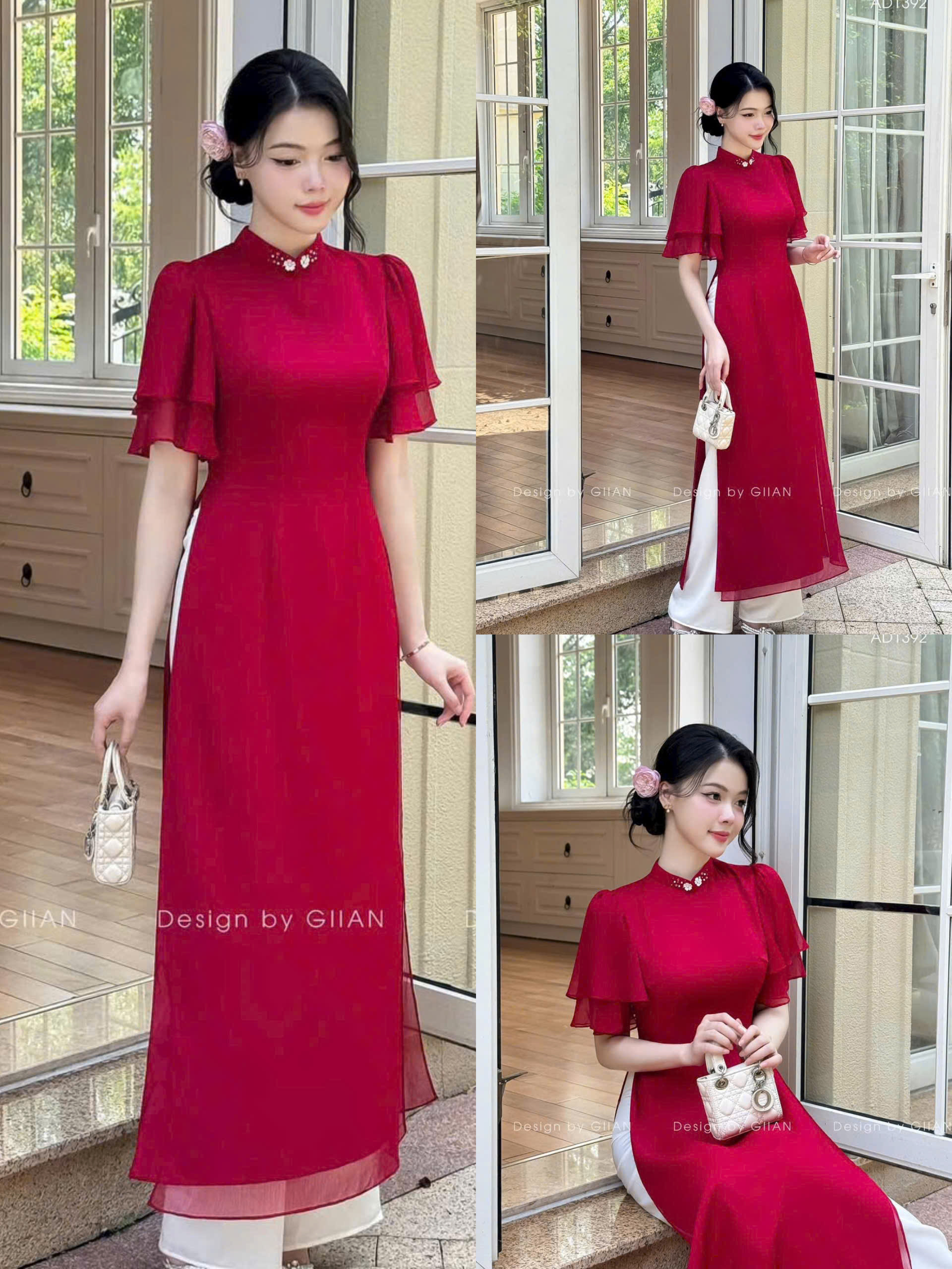  Set ÁO DÀI cách tân chất voan tơ thoáng mát cổ trụ thêu hoa tay cánh tiên 4 tà phối quần lụa mặc chơi TẾT lễ cưới hỏi 