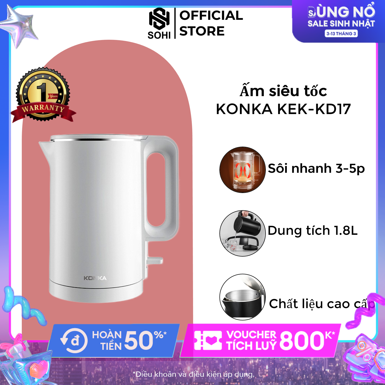 Ấm siêu tốc đun nước cao cấp 1.8l inox 3.4 không gỉ giữ nhiệt tốt Konka Kek-KM17/KM18 1500W đạt chuẩn FDA Hoa Kỳ tiết kiệm điện chống bỏng kép sôi nước trong 3-5 phút giá rẻ