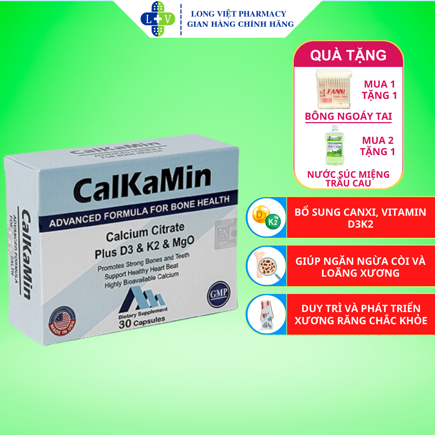 Calkamin - Bổ sung Canxi và Vitamin D3, K2 giúp răng, xương chắc khỏe hộp 30 viên
