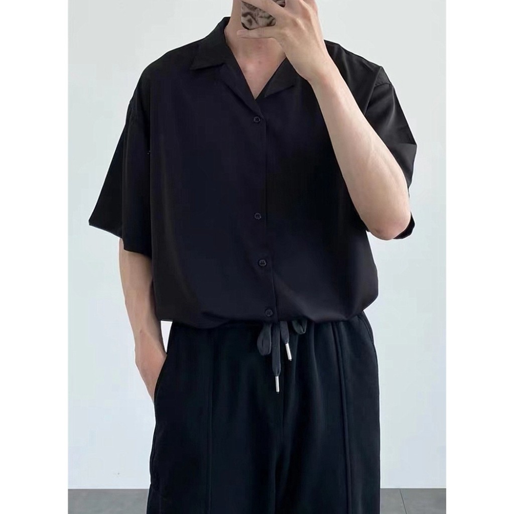Áo sơ mi nam nữ tay lỡ cổ vest form rộng, sơ mi unisex ngắn tay