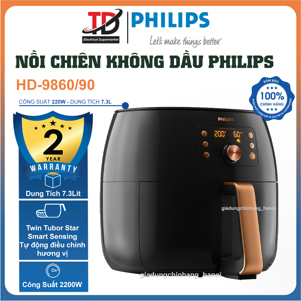 Nồi chiên không dầu philips hd9860/90 xxl, 7.3 lít - 2200w, hàng chính hãng