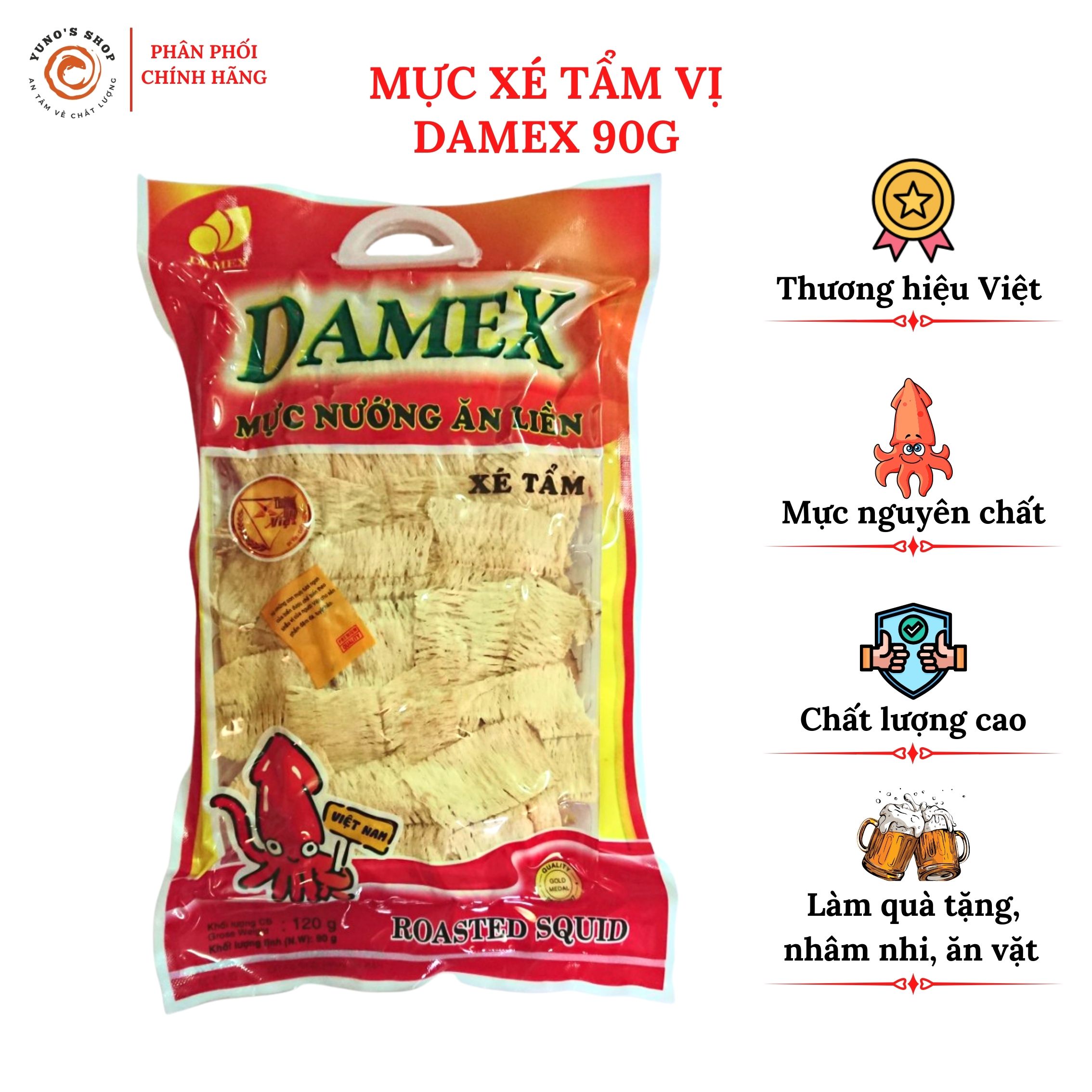 Mực xé tẩm gia vị Damex gói 90g, đồ ăn vặt thơm ngon nguyên chất