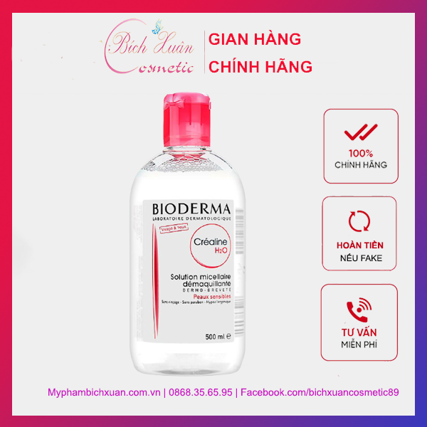 Nước tẩy trang BIODERMA - CREALINE H2O: dành cho da thường, da khô và da nhạy cảm ( chai màu hồng) 500ML