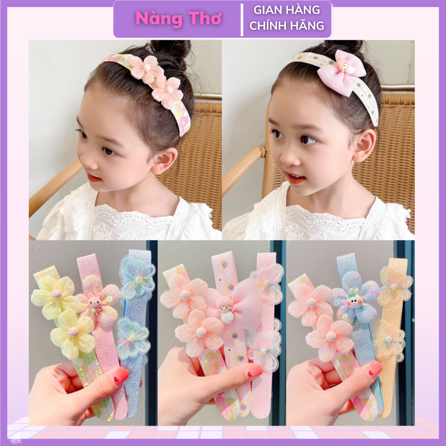 Bờm cài tóc dán dính hoa và nơ cho bé siêu đáng yêu