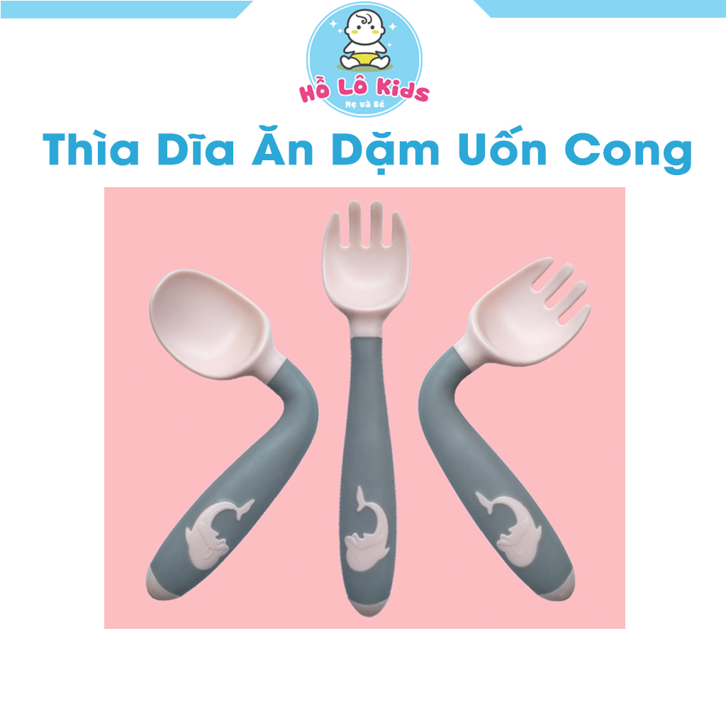 Bộ thìa dĩa cho bé tập xúc silicon uốn cong tay cầm hình cá heo dễ thương Hồ Lô Kids
