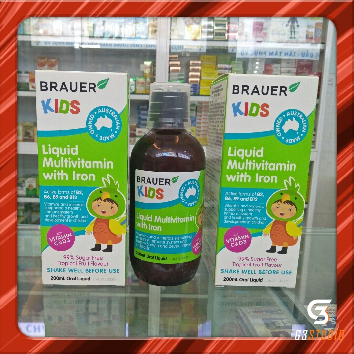 Vitamin tổng hợp bổ sung Sắt Brauer Kids Liquid Multivitamin with Iron chai 200ml