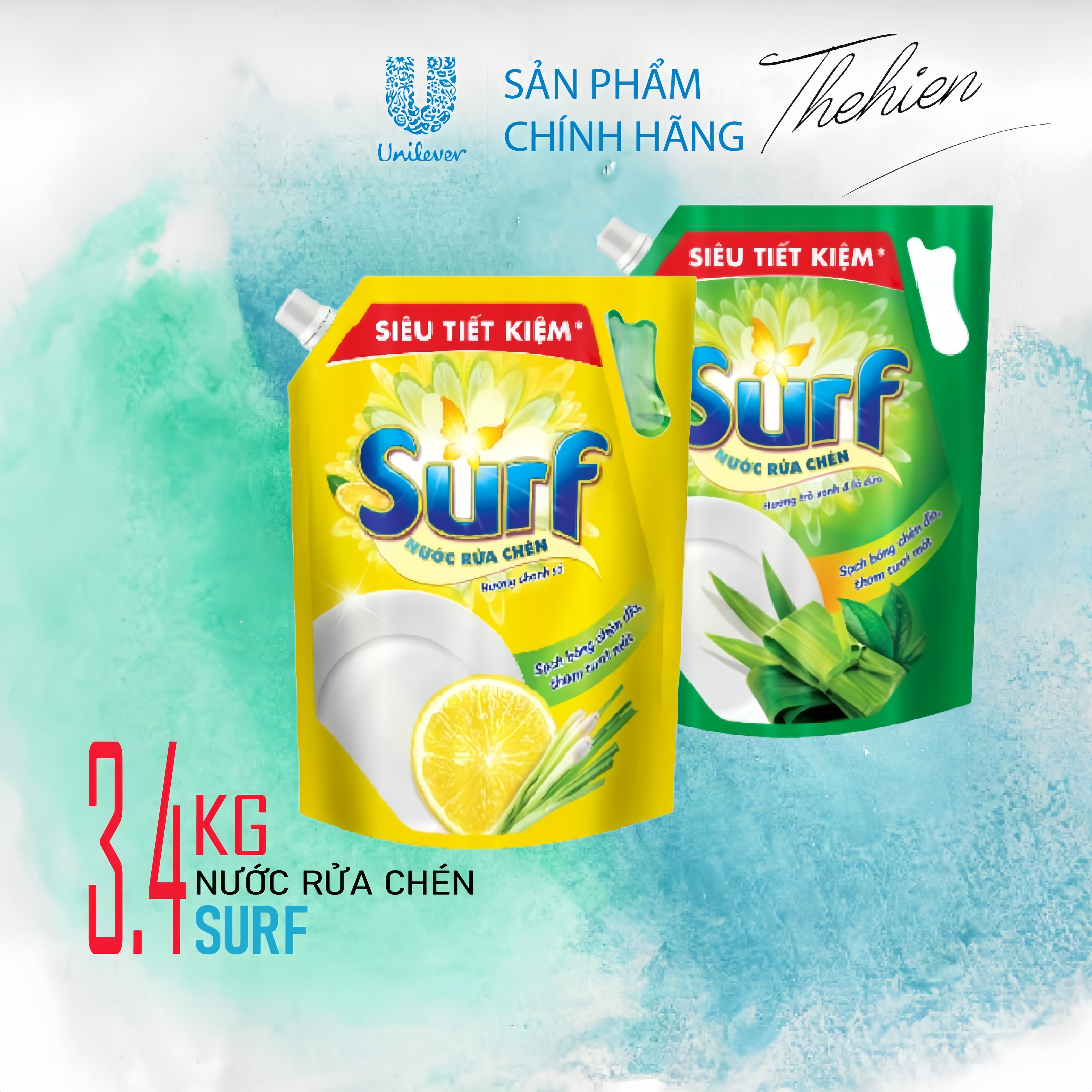 Nước Rửa Chén SURF hương Chanh Sả/Trà Xanh & Lá Dứa - Túi 3.4KG