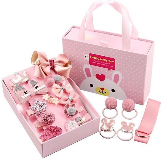 Hộp nơ kẹp, dây cột tóc 18 món cho bé siêu dễ thương