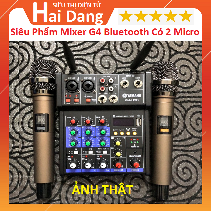 Combo Trọn Bộ Mixer Yamahâ G4 Bluetooth, Tặng 2 Micro Không Dây, Bàn Mixer G4 LiveStream, Karaoke, Dùng Cho Xe Hơi - Hỗ Trợ Màn Hình Đèn LED