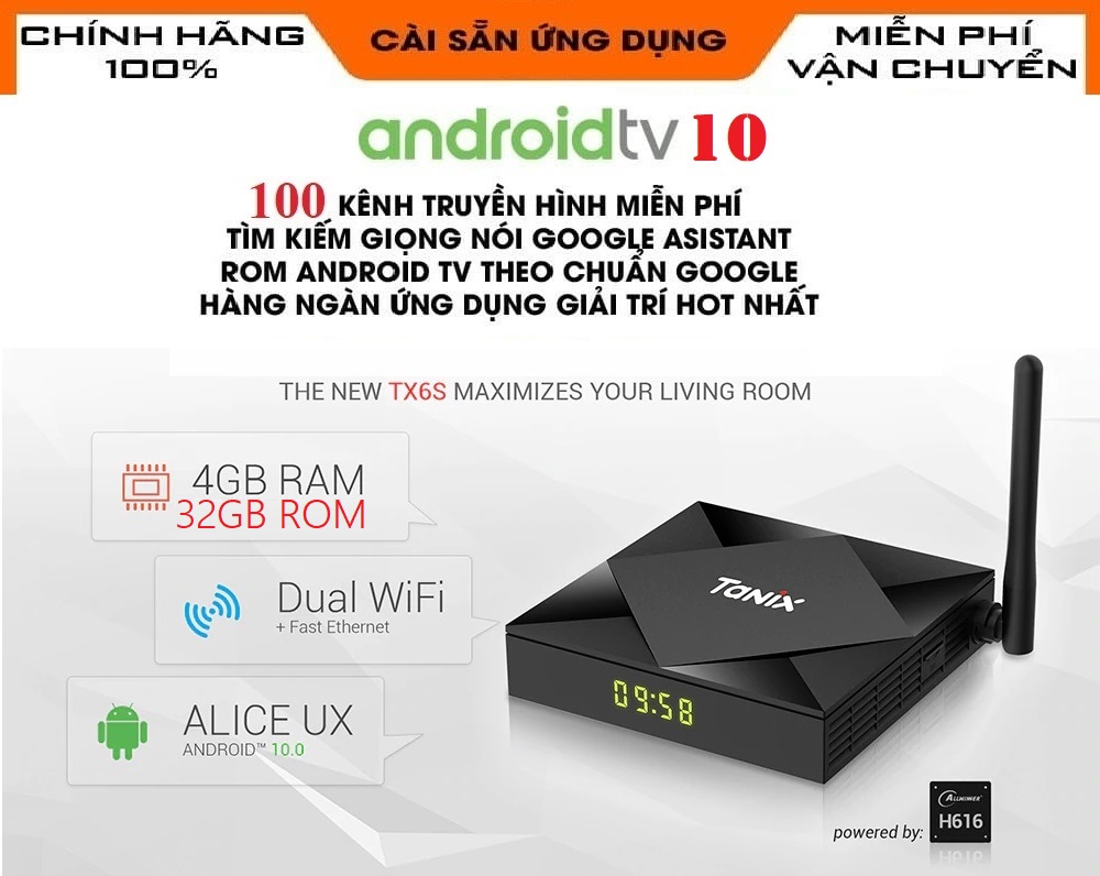 [HCM]Android Box TX6S Android TV 10 Allwinner H616 Ram 4GB Bộ nhớ trong 32GB Wifi 2.4Ghz/5Ghz Bluetooth 5.0 Lan 100Mb