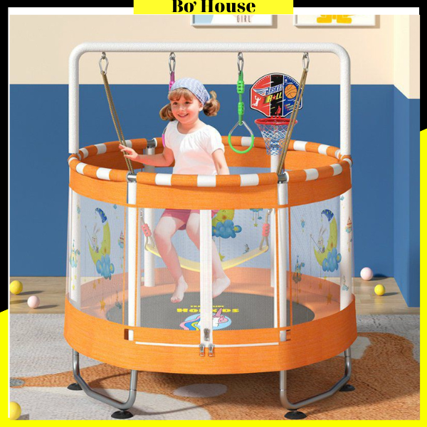 Nhà bóng lò xo kết họp bóng rổ, bóng cao cấp giúp các bé tăng sức đề kháng, có lưới bảo vệ xung quanh- Sàn nhún cho bé vận động nâng cao sức khỏe bảo hành 1 năm