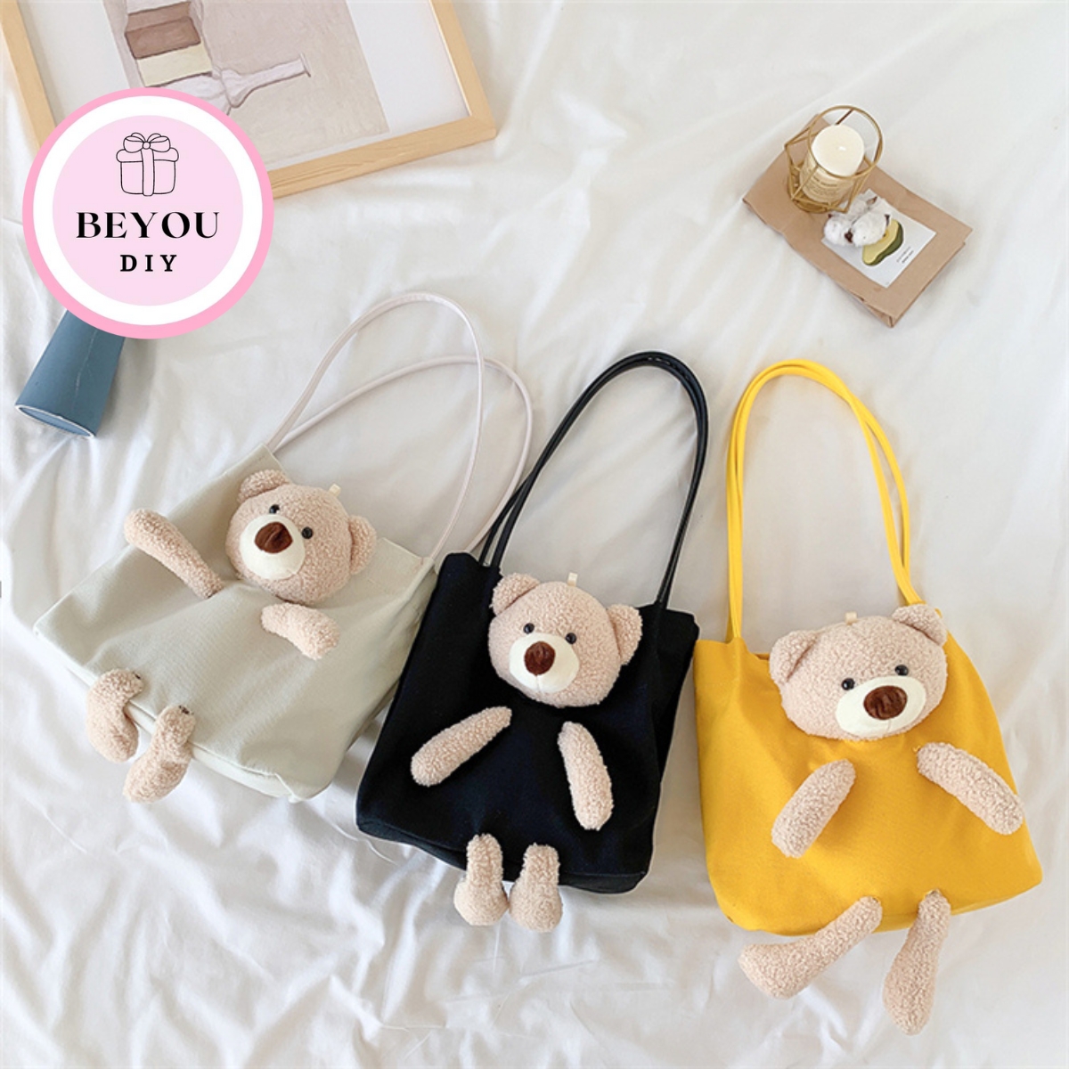 Túi Xách Vải Kèm Gấu Bông Hàng Chuẩn - BEYOU