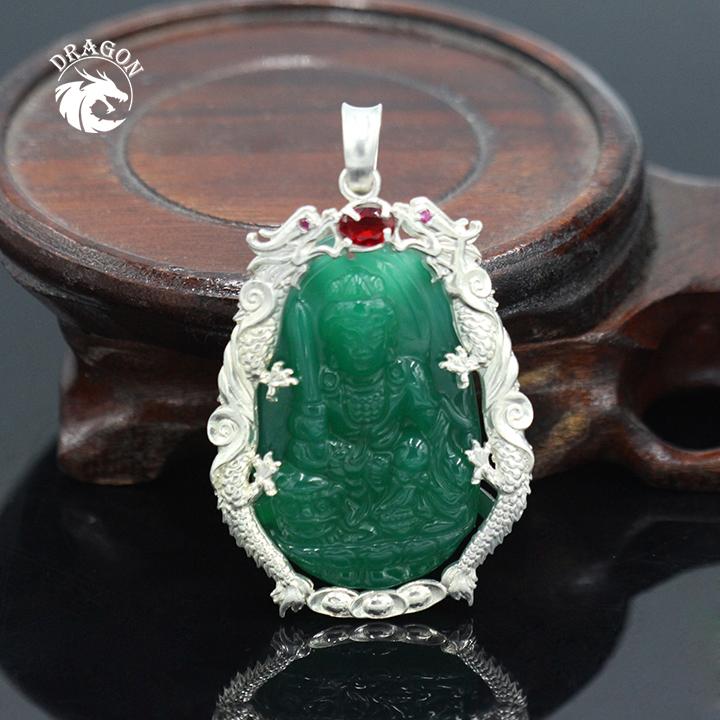 Mặt dây chuyền phật văn thù bồ tát xanh lá bọc rồng - bạc nam dragon