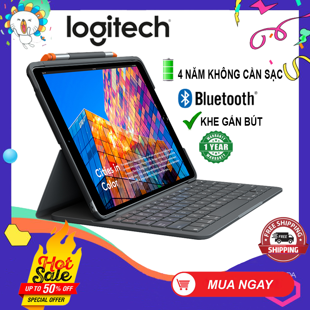 [HCM]Bao Da Kèm Bàn Phím Logitech Slim Folio Kết Nối Bluetooth  Dành Cho iPad Gen 7 10.2 inch 2019 iPad Air 3 iPad Pro 10.5 inch  Dùng 4 năm không cần sạc pin  Khe đựng bút cảm ứng Hàng chính hãng Bảo hành 1 năm
