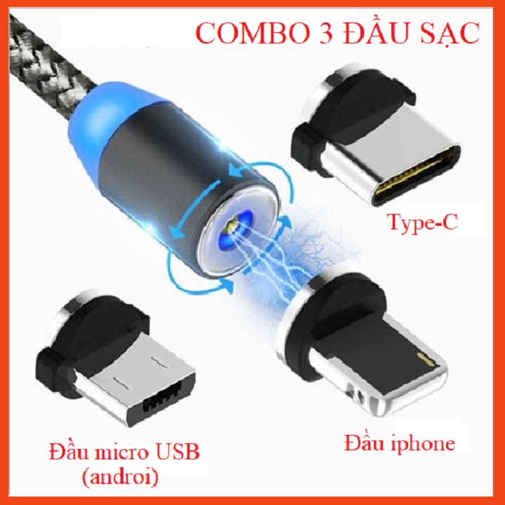 Cáp sạc từ hút nam châm đầu iphone, đầu type c và micro usb 360 độ dây dù,có led cao cấp - trọn bộ dây sạc từ hít nam châm tròn 360 độ + 3 đầu dành cho iphone ios, micro android, type-c