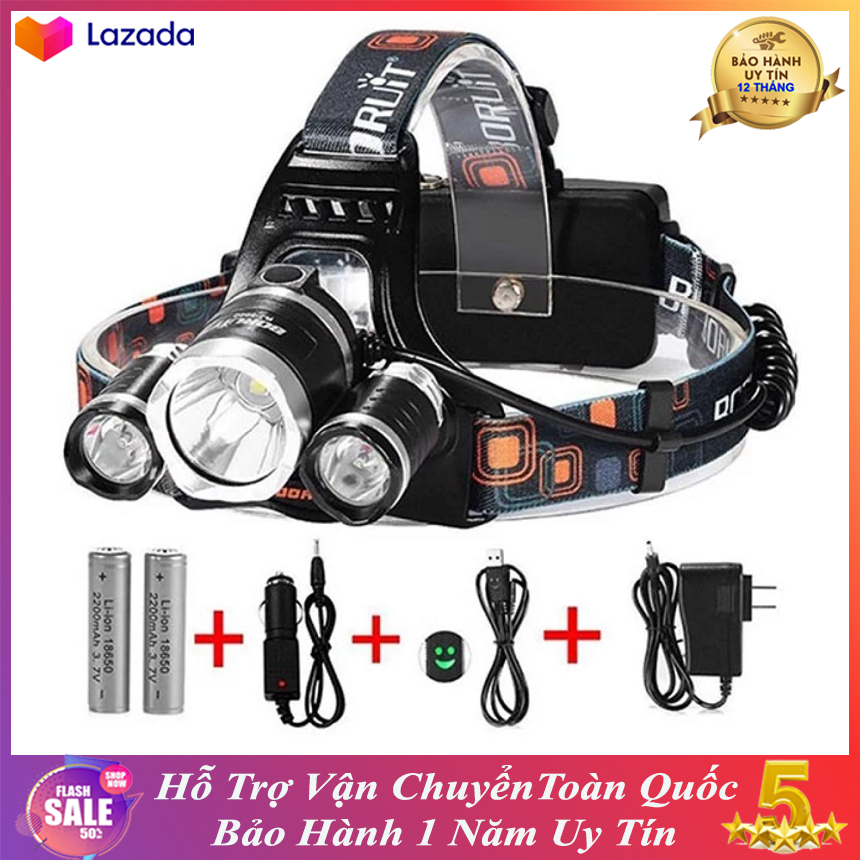 Đèn bin đội đầu đèn đeo đầu led siêu sáng đèn soi 3 bóng -tặng kèm 2 pin