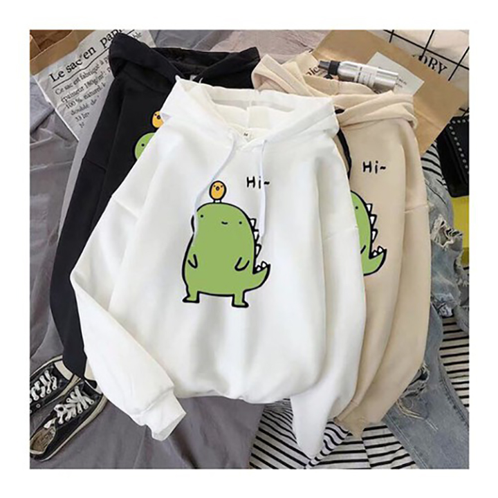 Áo Khoác Hoodie Khủng Long Hi Cute Form Rộng Tay Dài Nỉ Mịn Unisex Nam Nữ Dễ Thương
