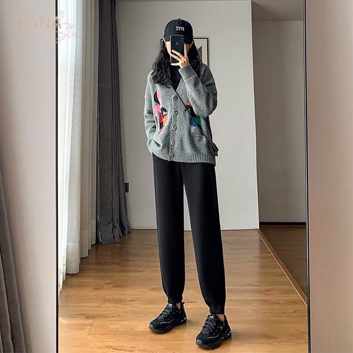 Quần jogger nữ ống rộng bo chun gấu vải nỉ thun da cá 2 màu