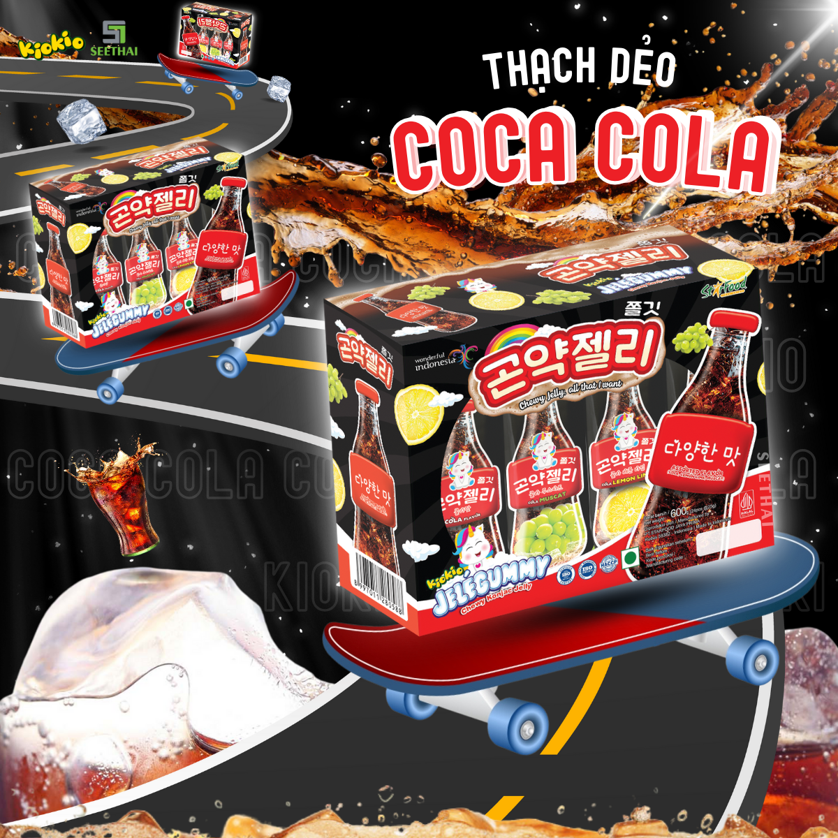 Thạch Coca vị trái cây mới KIOKIO JELEGUMMY - hộp 24 gói thạch đồ ăn vặt nhập khẩu