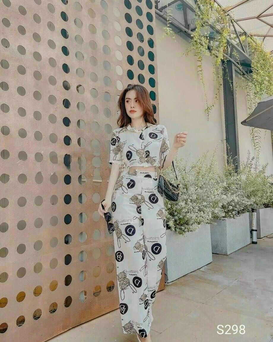 Set bộ dài áo croptop quần ống rộng họa tiết sb029