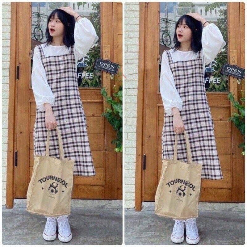 [HCM]Set Váy yếm babydoll kẻ kèm áo tay bồng (Vàng và Đen)