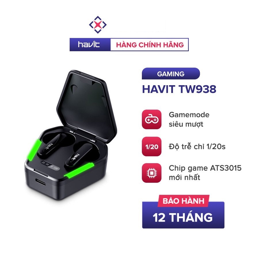 Tai Nghe Gaming True Wireless HAVIT TW938 Bass Chất Game Mượt, Chip ATS3015 - Độ Trễ Cực Thấp 0.05s - Hàng Chính Hãng Bảo Hành 12 Tháng