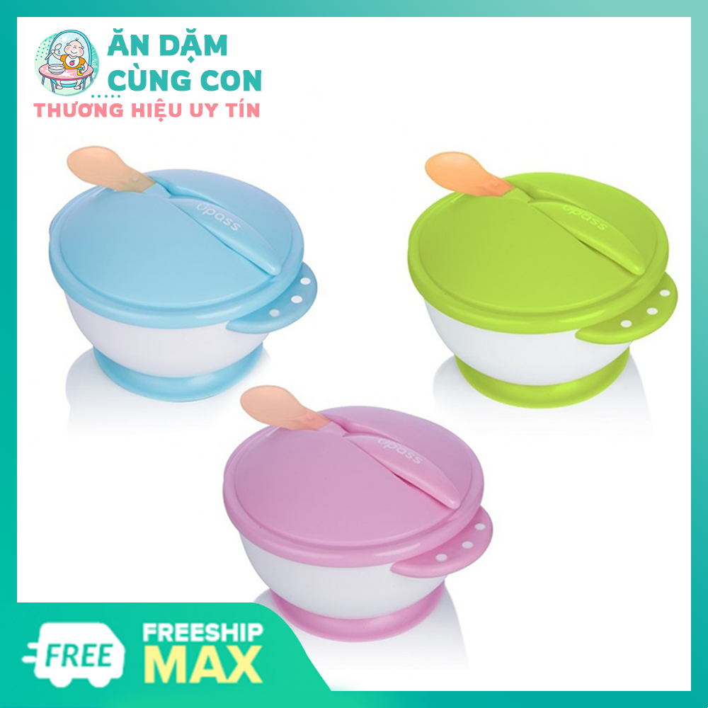 Bát Ăn Dặm Chống Đỗ Kèm Nắp Và Thìa Cảm Ứng Nhiệt Upas Dành Cho Bé UP5026